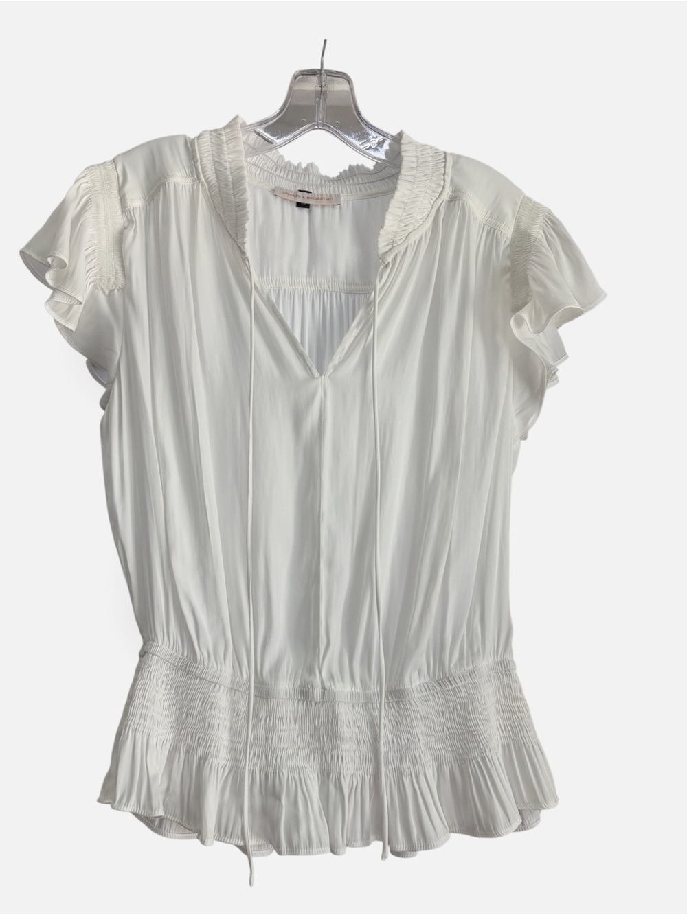 Ivory Ruffle-Sleeve Peasant Blouse with Smocked Waist